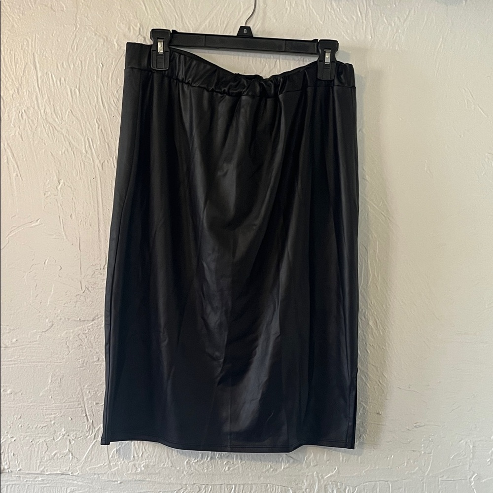Zenobia Black Faux Leather Midi Skirt with Elastic Waistband